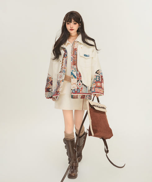 Jacquard Splicing Faux Leather Jacket